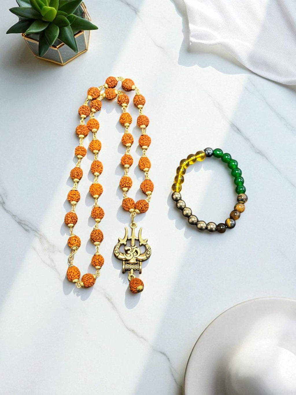 Combo of OM Shiva Trishool Rudraksha Necklace 54 Beads & Money Magnet Bracelet with Govt. Certification
